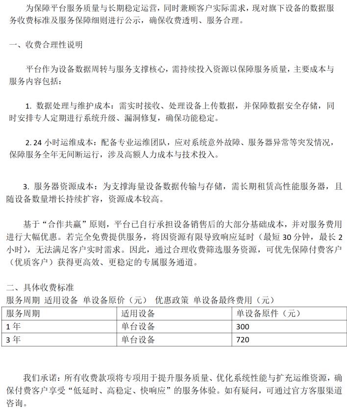 云平臺(tái)設(shè)備服務(wù)收費(fèi)標(biāo)準(zhǔn)公示
